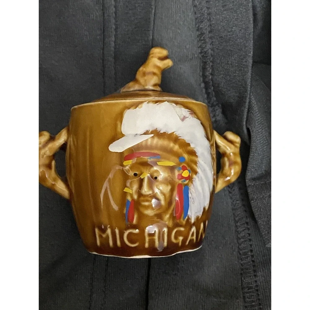 Vintage Thriftco Japan Golden Aspen Michigan Sugar Bowl Native American Chief